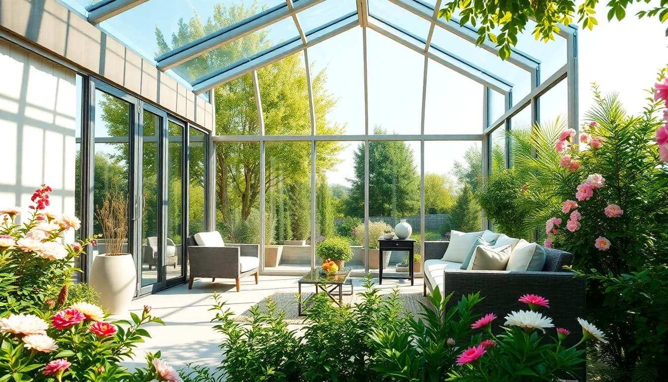Enjoy a beautiful patio sunroom nestled in a lush garden with bright natural lighting.