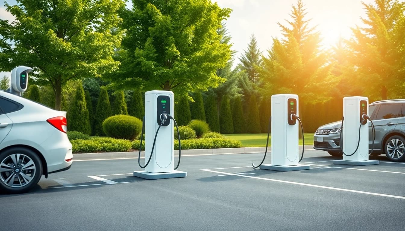 EV Charging Installation showcasing modern electric vehicle chargers with vibrant green surroundings.