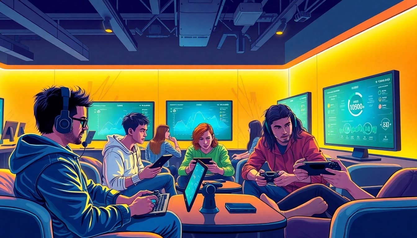 Gamers exploring industry trends in a modern gaming lounge setting.