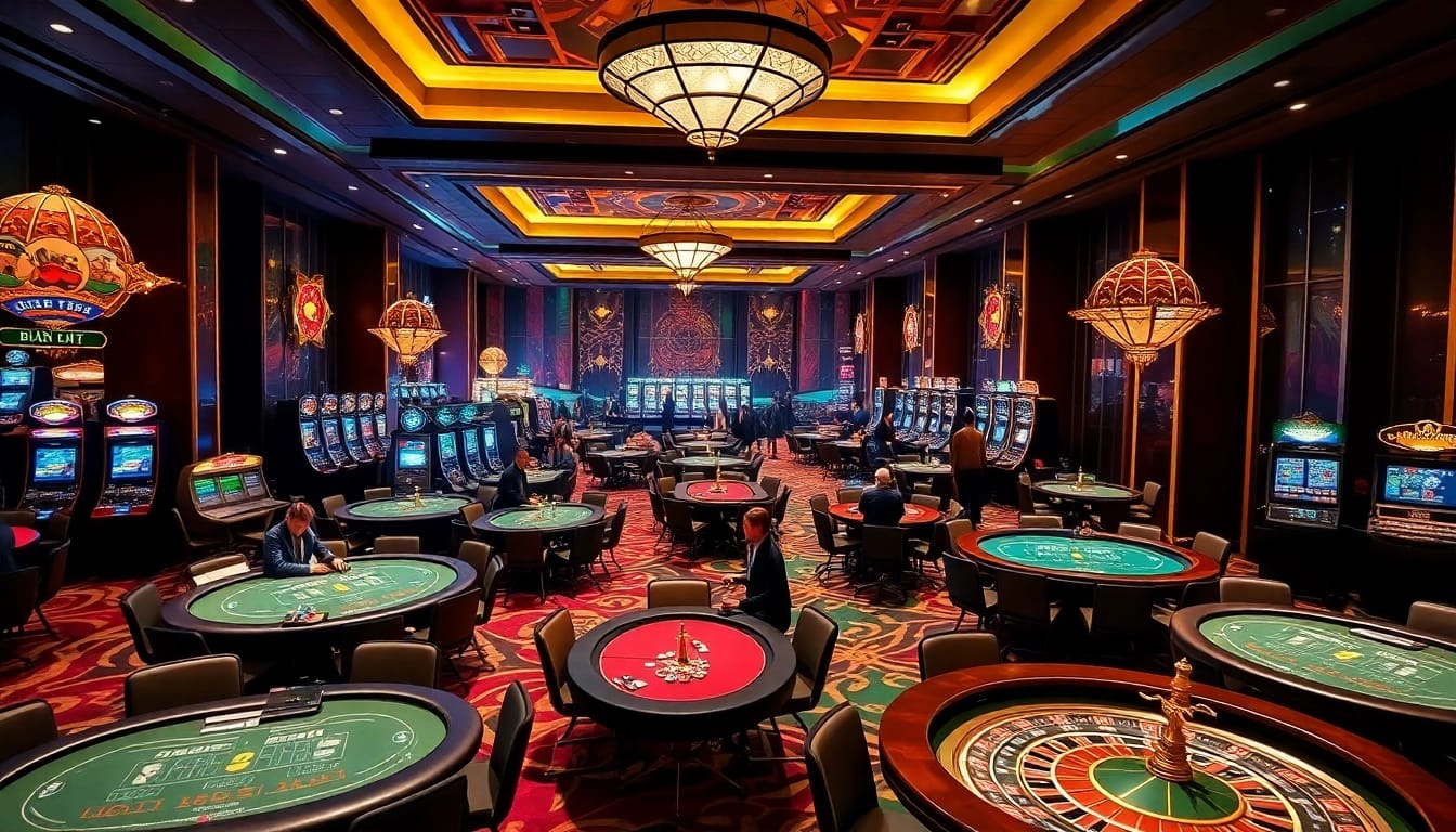 Exciting gameplay at nhà cái af88 casino with vibrant tables and slot machines.