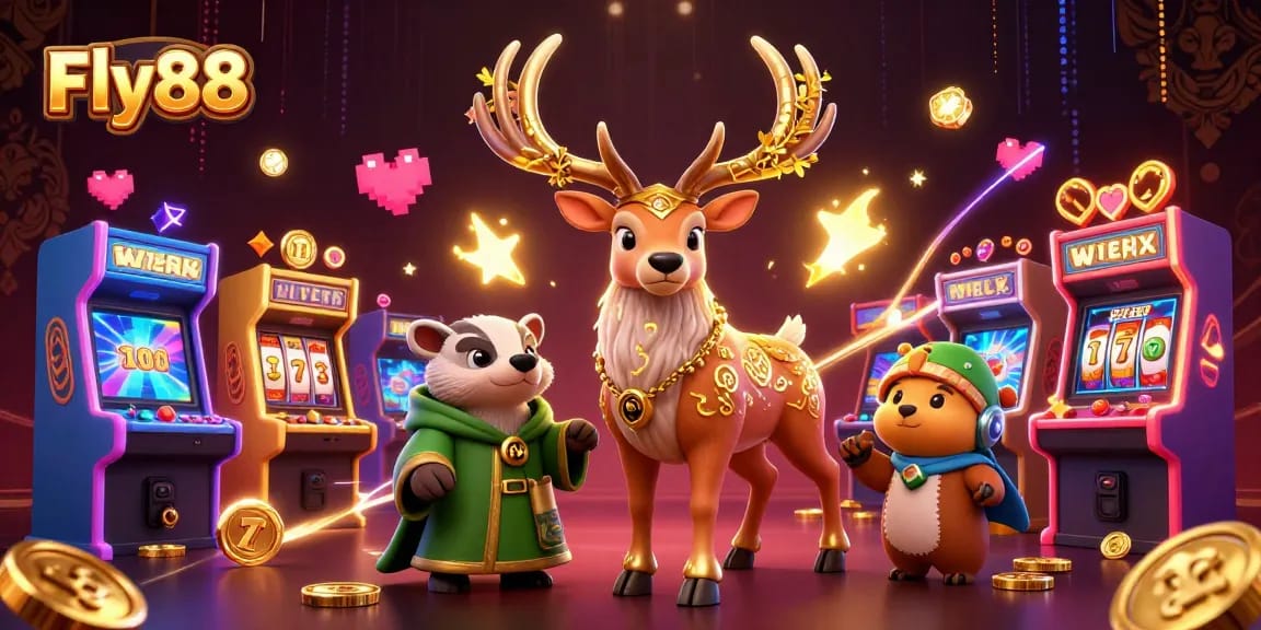 Immerse in the Fly88 casino world with a Celtic druid and a wise badger surrounded by interactive slot game elements.
