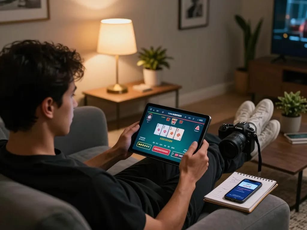 Player enjoying a strategic poker game on az888 app during cozy home evening with notes and tablet