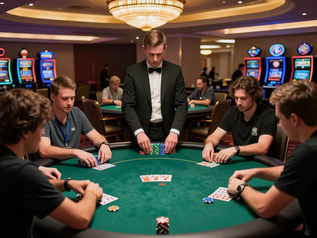 Players strategizing during an intense poker game at the 789 club in a luxurious casino setting