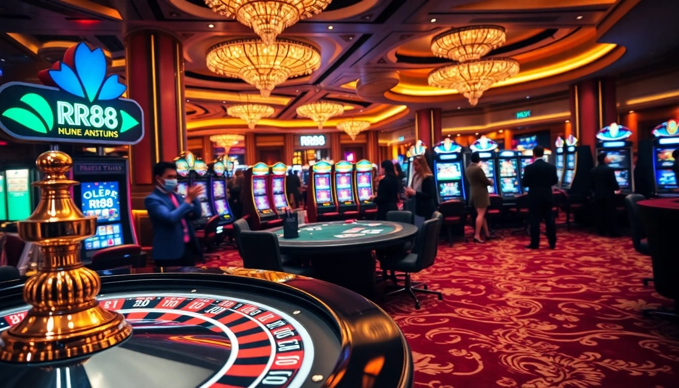 Experience the thrill of RR88 with players engaging at the casino table, vibrant slot machines, and poker chips.