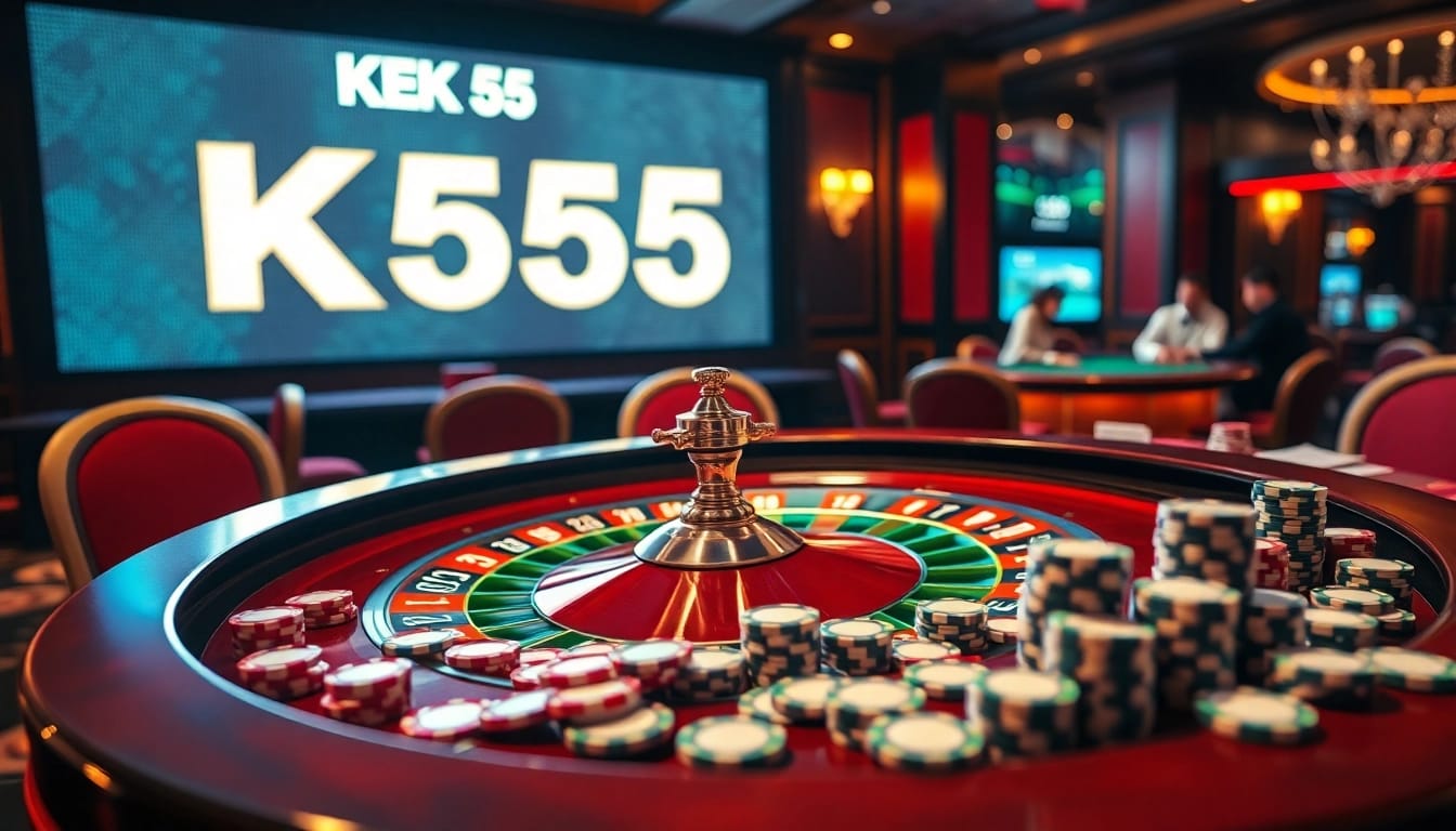 Thrilling atmosphere at a casino featuring KK55 roulette table surrounded by excited players.