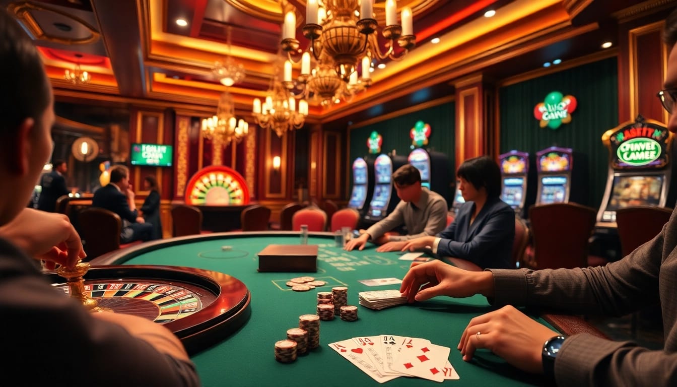 Exciting casino scene with players at a poker table and roulette wheel; LC 88 highlights betting excitement.