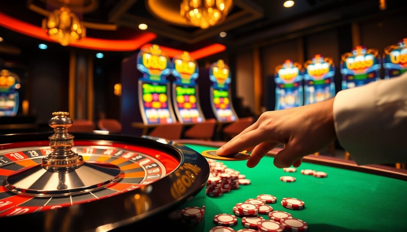 Engaged gamblers at a table featuring u88 poker chips, immersed in an exciting casino atmosphere.
