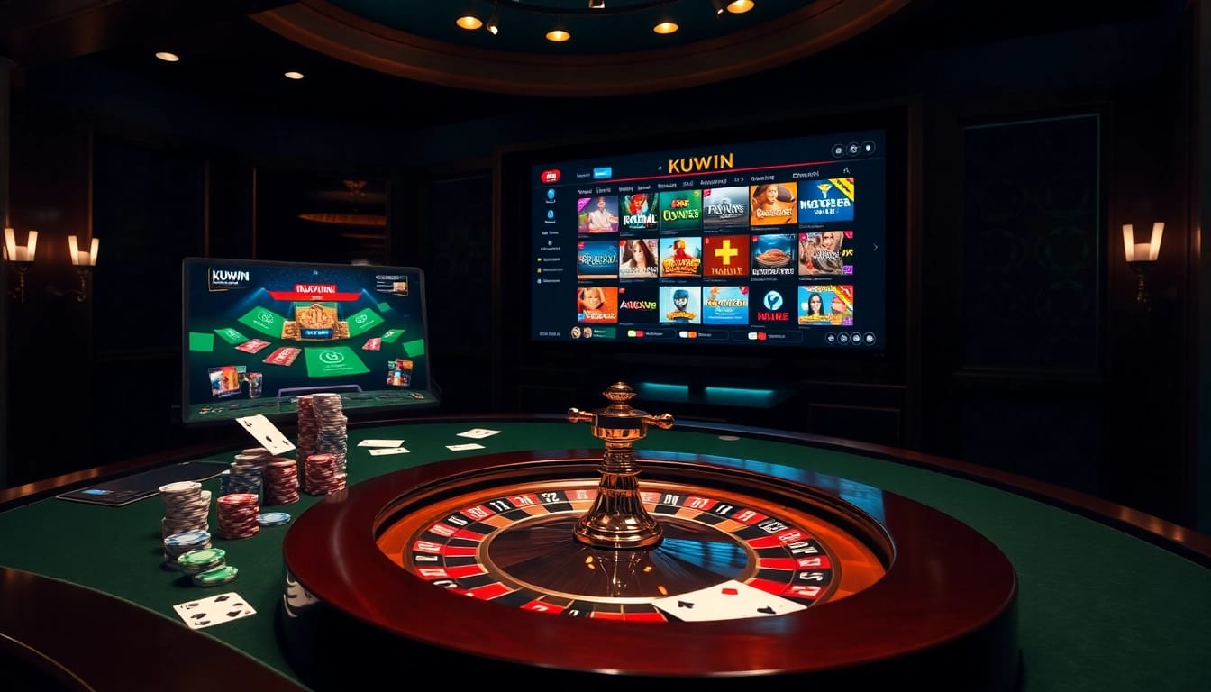 kuwin-inspired casino table showcasing poker chips and roulette wheel in an elegant setting.