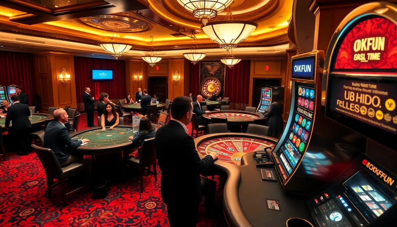 Engaging players at the OKFUN casino table, showcasing strategic poker action and vibrant gaming atmosphere.