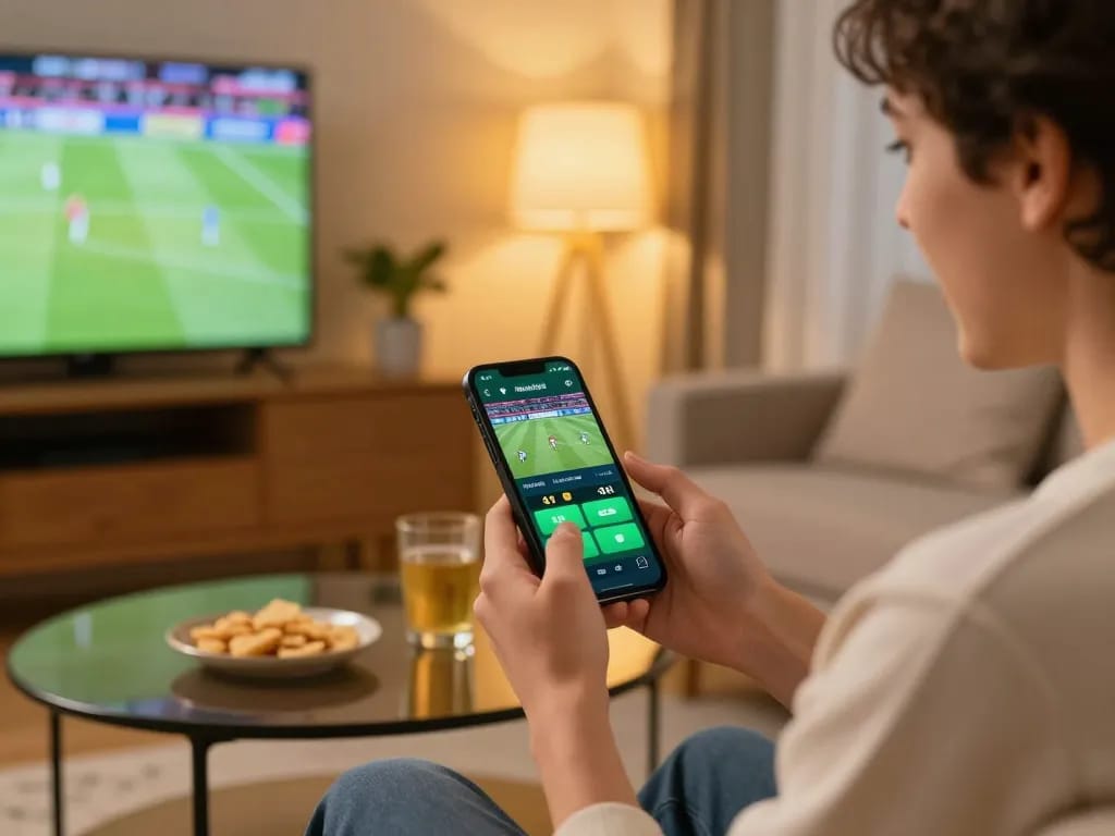 Excited person betting on sports via smartphone at home, showcasing engagement and strategy, reflecting the vibe of https://s8inc.com/.
