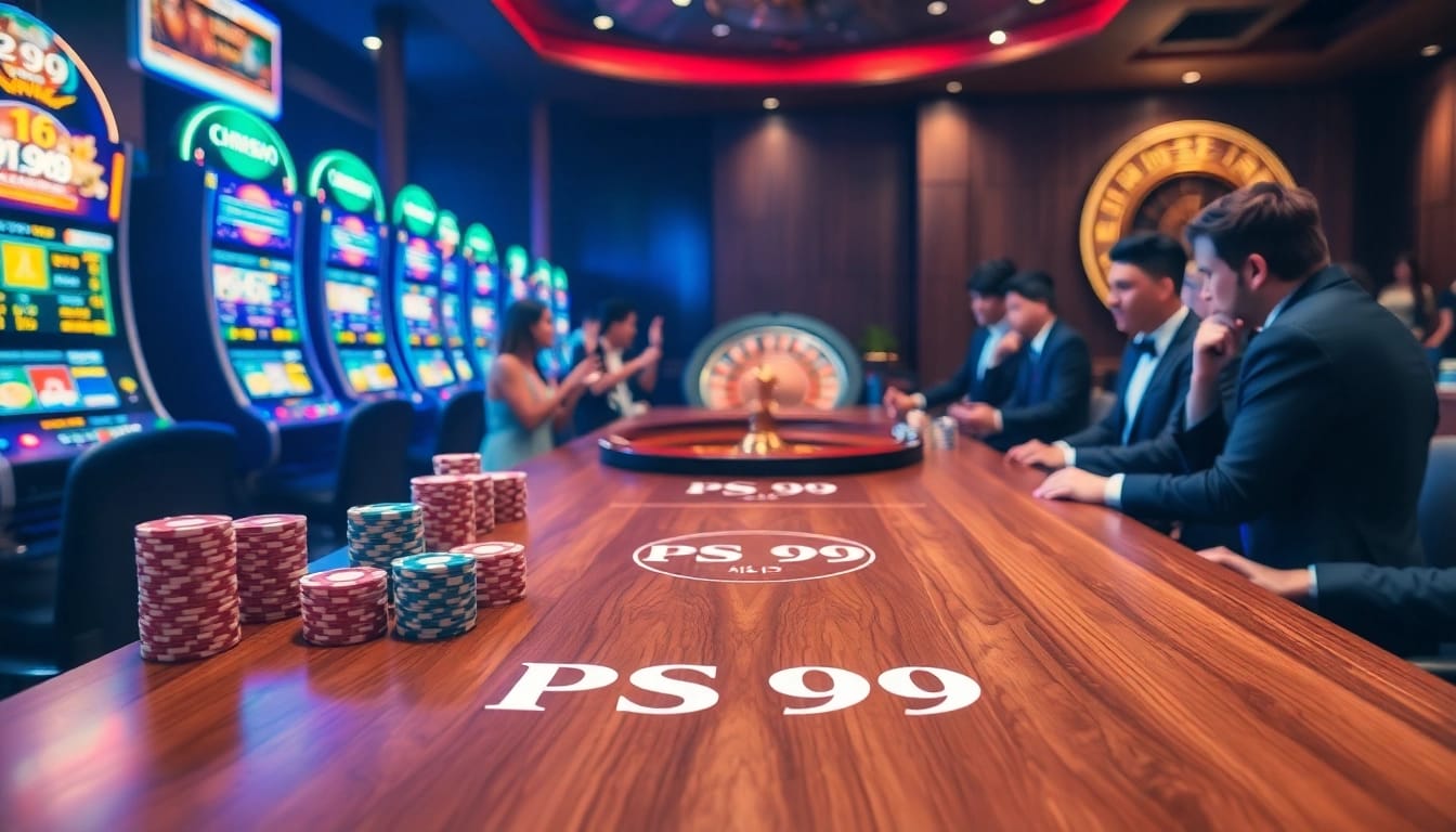 Players enjoying a thrilling game at PS 99's upscale casino, featuring vibrant tables and slot machines.