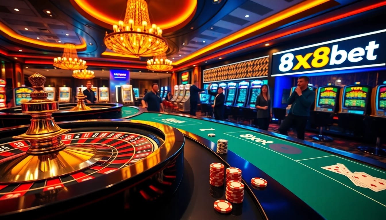 Exciting gaming scene featuring 8xbet branding with players enjoying casino tables.