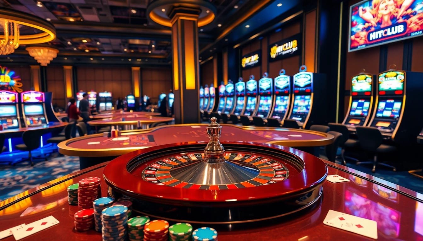Thrilling casino gaming scene featuring HITCLUB-themed roulette wheel and vibrant slot machines.