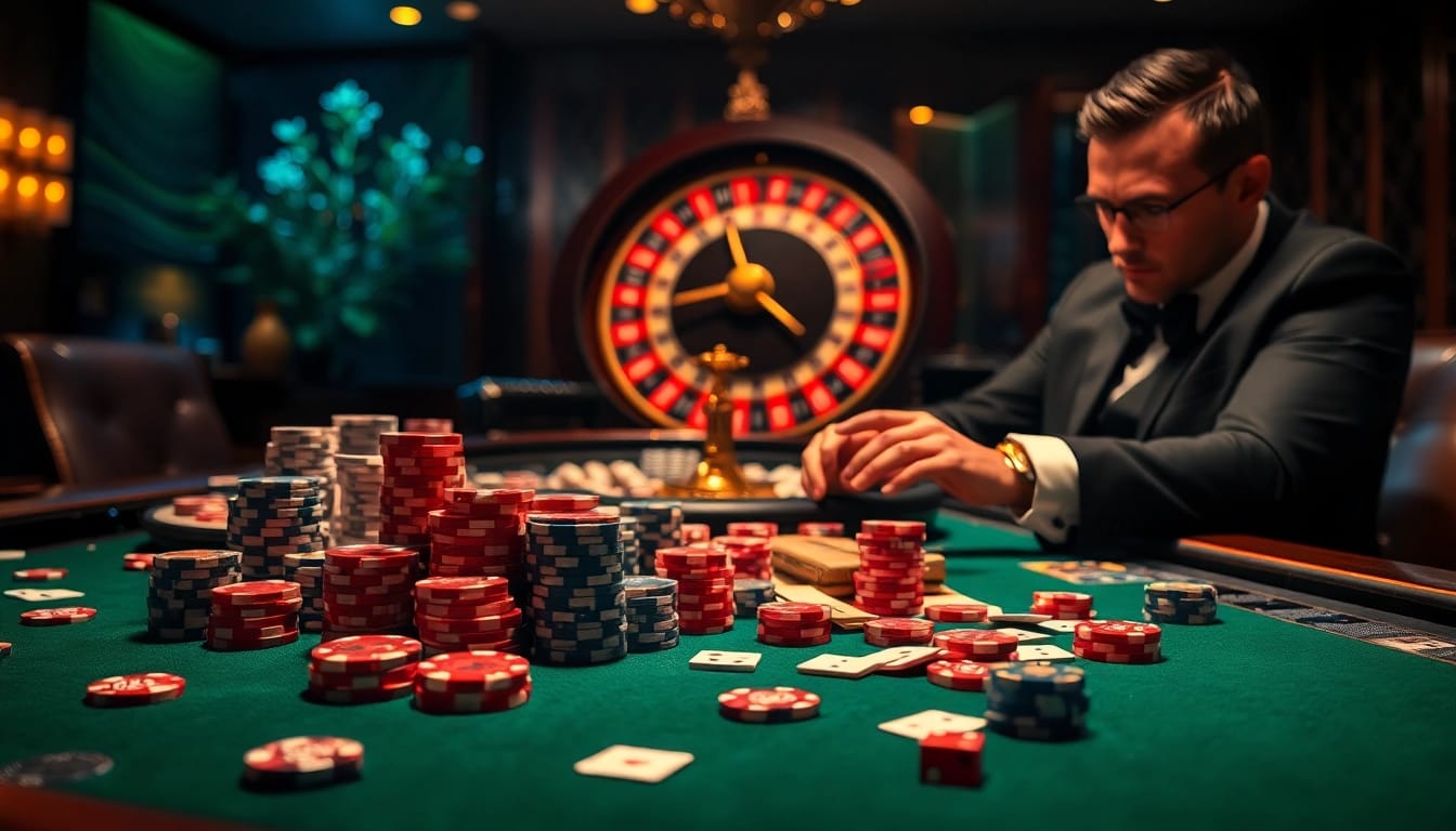 Experience high-stakes gaming at a vibrant casino table featuring tg88 poker chips and dice.