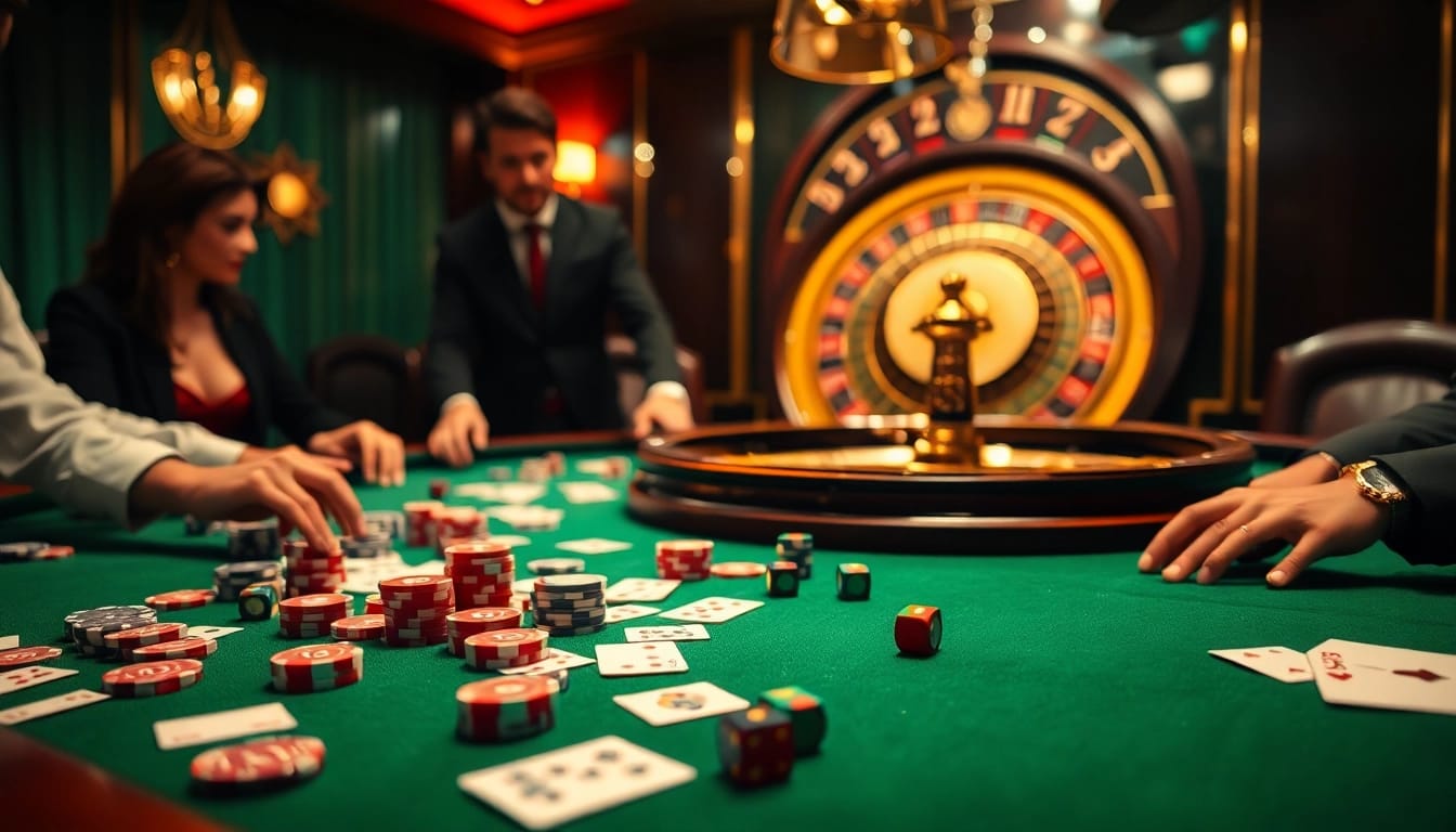 Engage in thrilling 8kbet games at a high-stakes poker table with vibrant chips and cards.