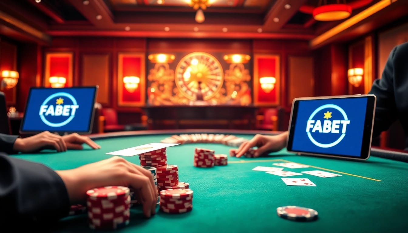 FABET poker game table showcasing vibrant chips and cards with a luxurious atmosphere.