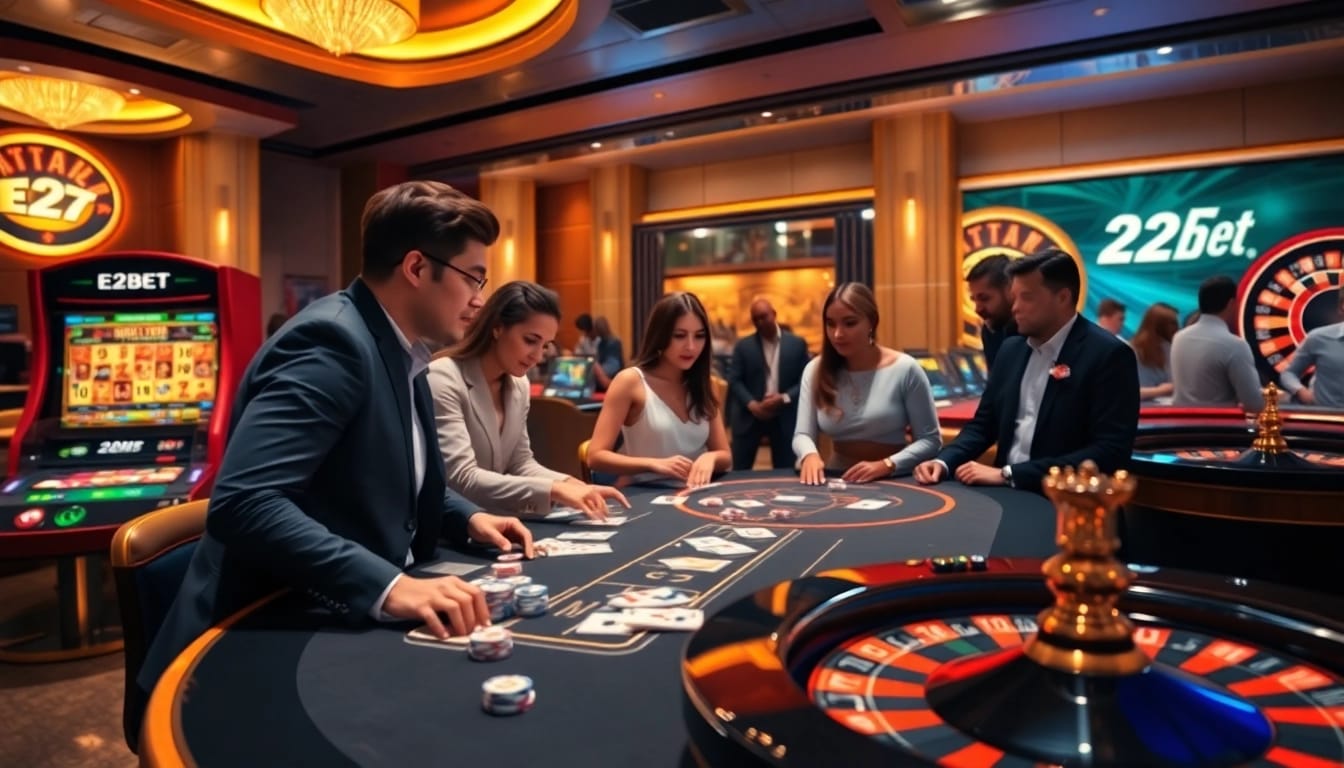 E2BET's dynamic gaming scene showcases players at poker and slots tables, illuminated by vibrant casino lights.