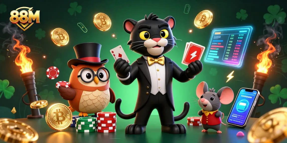 88M players enjoying an exciting casino scene with a tuxedo panther dealing cards amid vibrant gaming elements.
