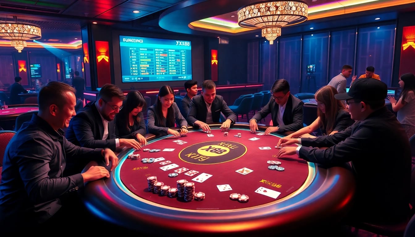 Players enjoying a thrilling poker game at XX88 casino with vibrant chips and cards.