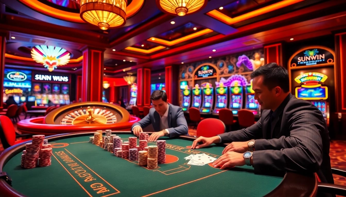 Action-packed poker game showcasing SUNWIN chips and vibrant casino atmosphere.
