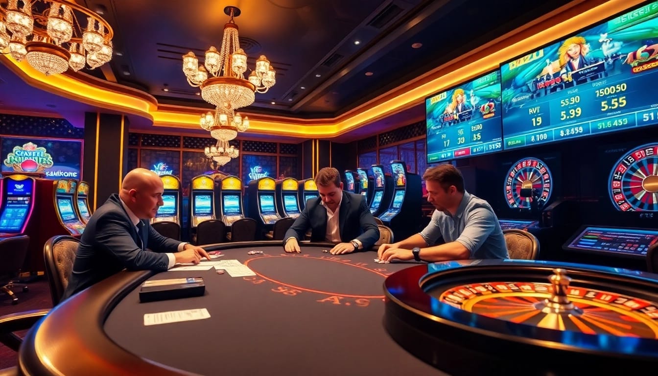 Excited players engaging in games at MV88's luxurious casino with vibrant slot machines.