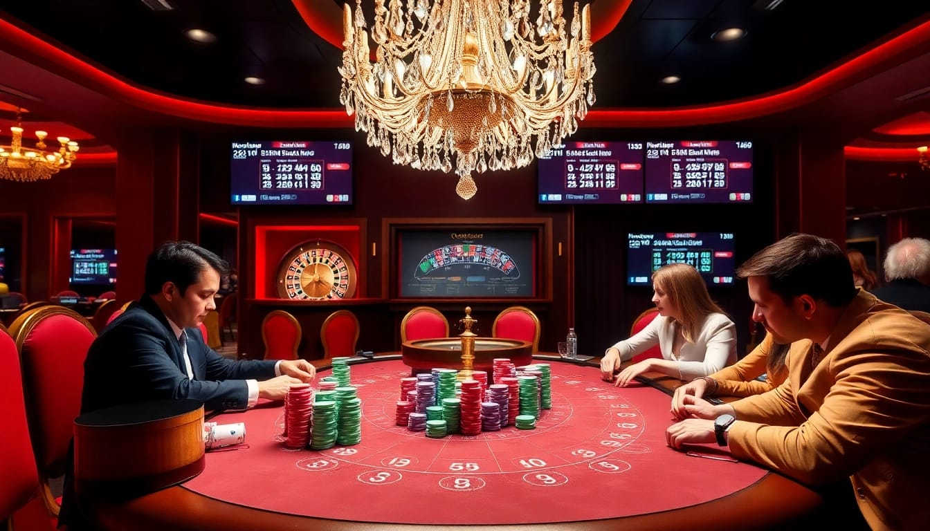 High-stakes poker game showcasing excitement at https://23winn.casino/ with colorful chips and intense players.