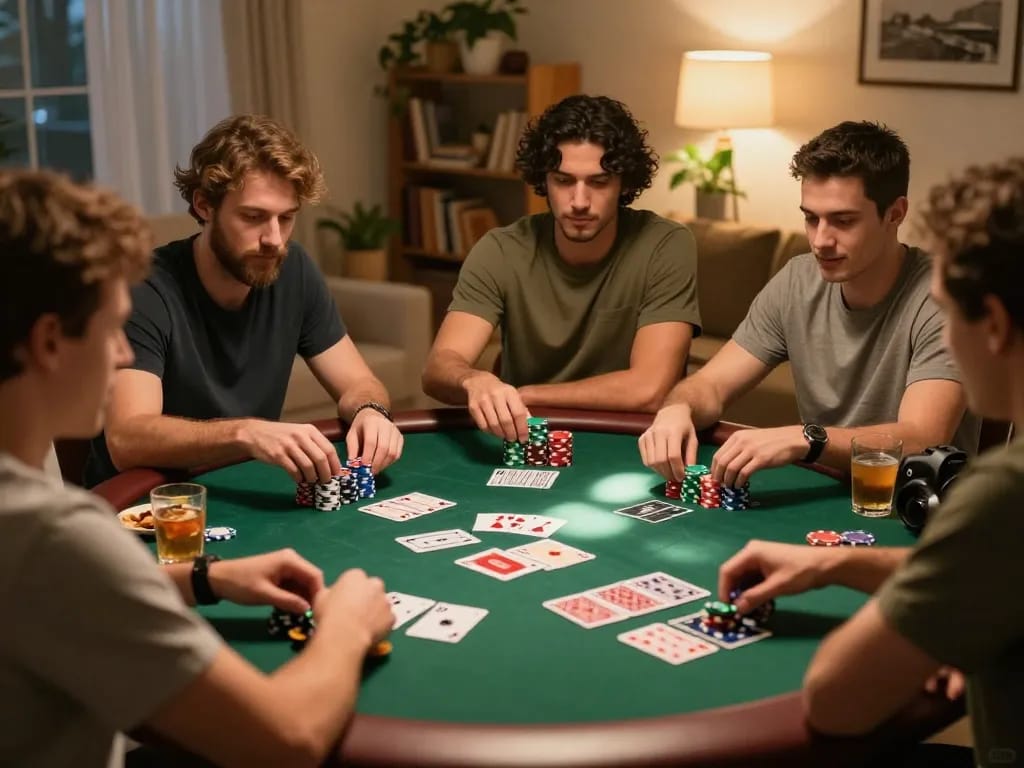Gather friends playing poker at home with 8XBET strategy and engagement.