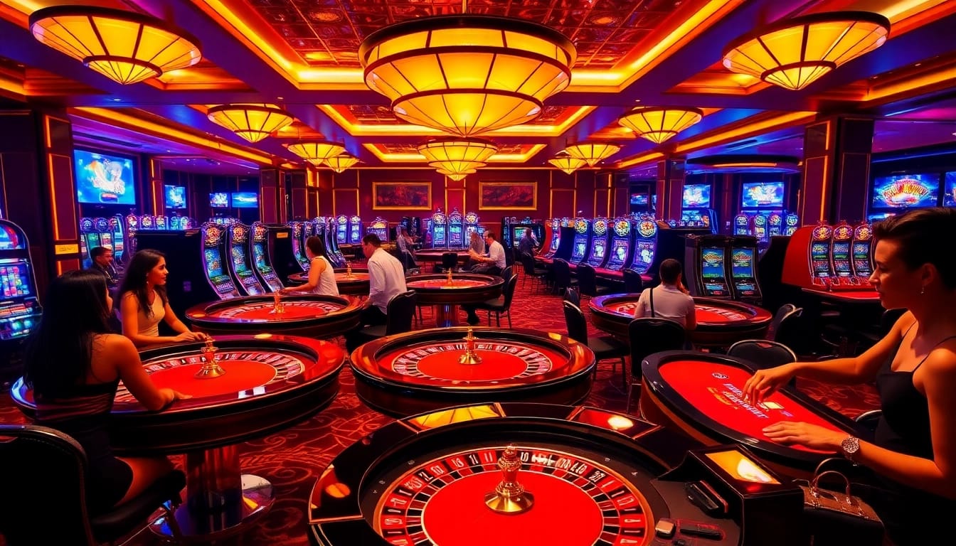Experience the excitement of Luckywin on a vibrant casino floor with roulette and slot machines.