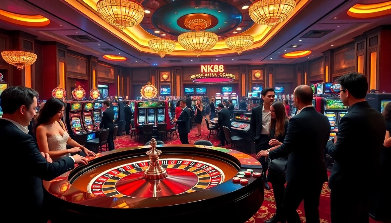 Experience the thrill of gaming in NK88's stunning casino environment, capturing excitement at roulette tables.