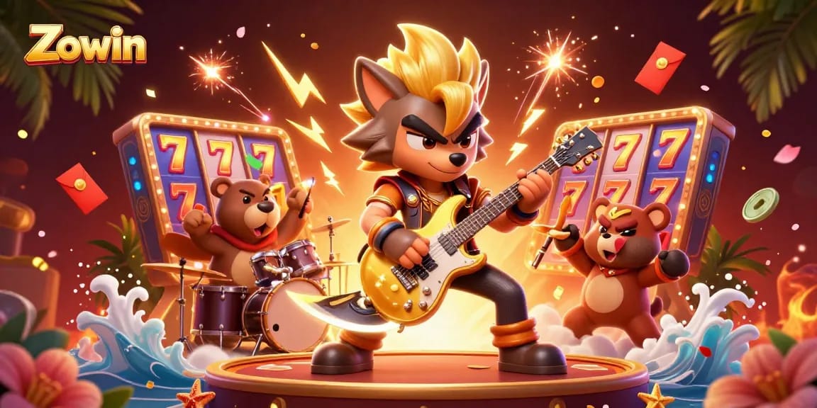Zowin captures excitement with a rock star wolf and drummer bear in a vibrant casino scene.