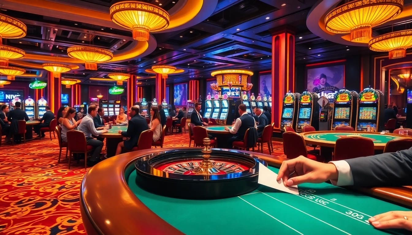 Exciting gambling scene at 388bet casino with players at poker tables and colorful slot machines.