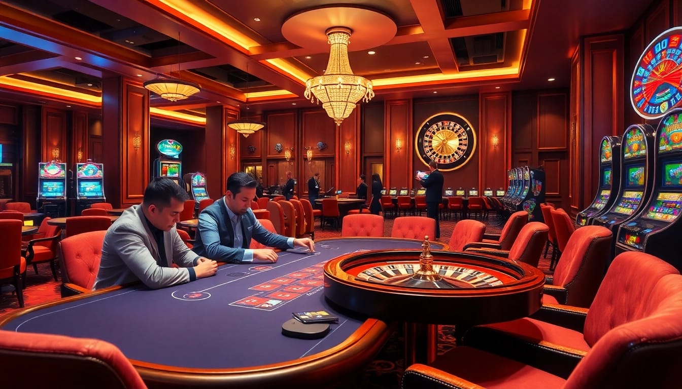 Players enjoy a thrilling gaming experience at https://jun88pl.com/ with roulette and poker tables in action.