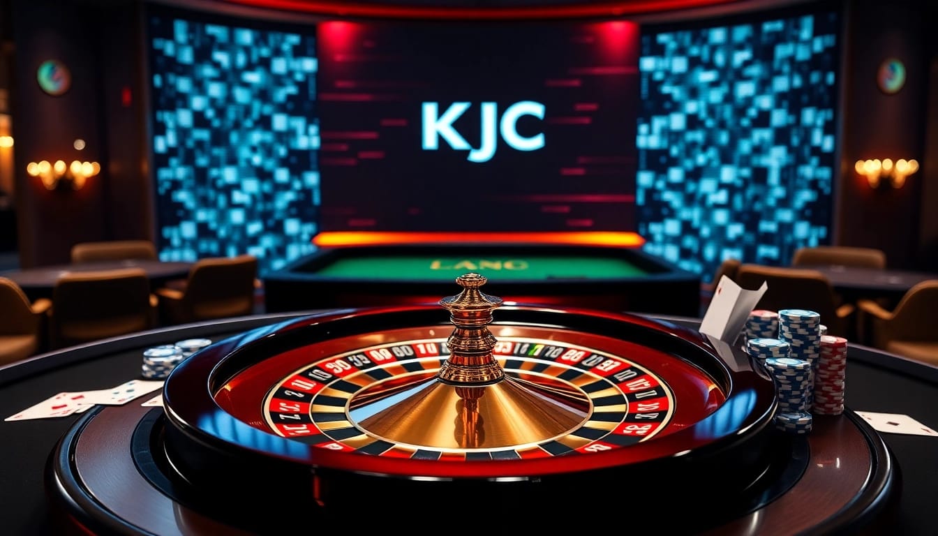 KJC casino scene featuring poker chips, cards, and a roulette wheel. Excitement and professionalism captured.
