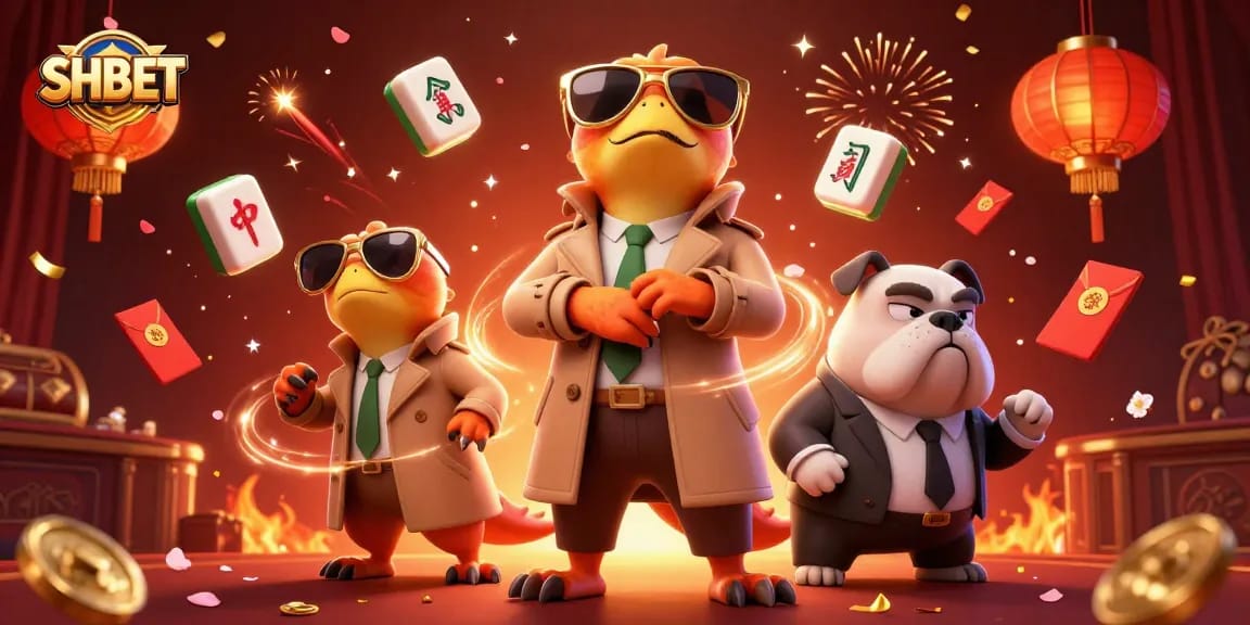 Experience the vibrant atmosphere of SHBET casino with raptors in a trench coat.