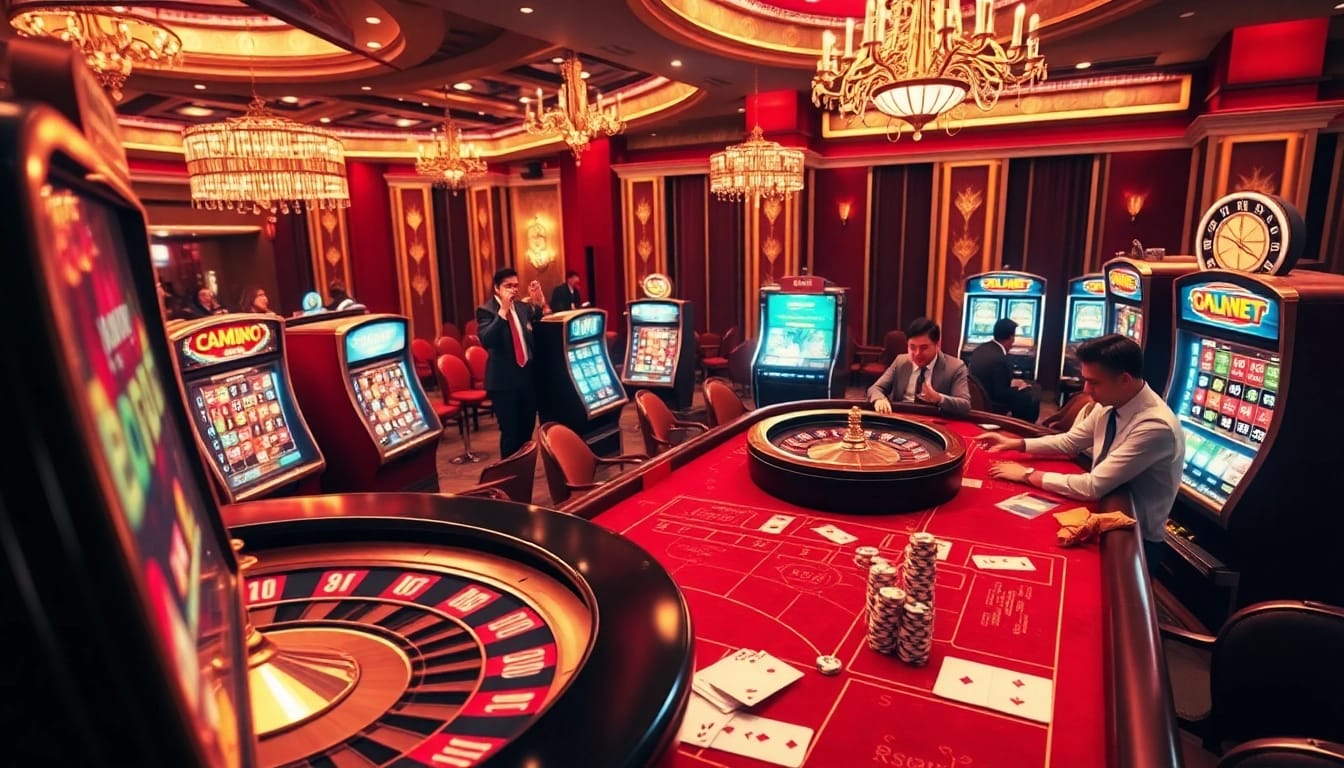 Experience the excitement of rr88.se.net with an engaging online casino scene featuring vibrant roulette wheels and dazzling slot machines.