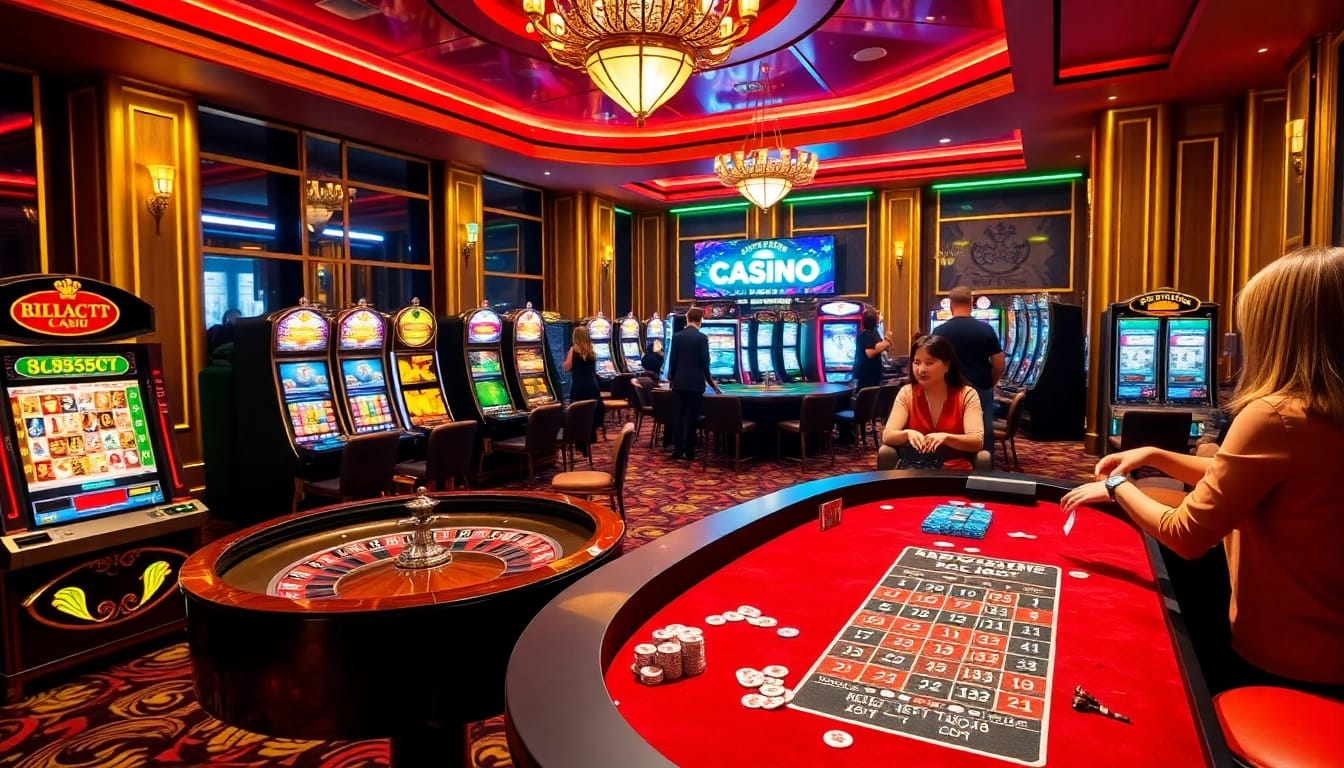 Exciting gambling scene at a casino with slot machines, roulette table, and poker chips at https://uu8802.com/.