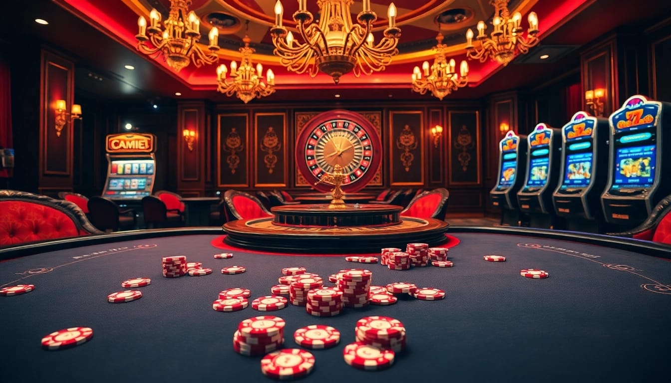Exciting gaming tables at S8 casino, showcasing vibrant poker chips and a spinning roulette wheel.