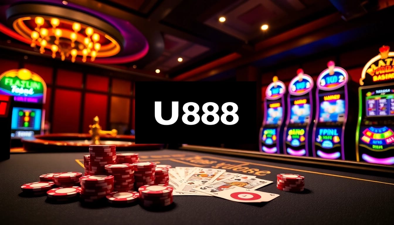 Experience thrilling games at U888 with a vibrant casino scene showcasing roulette and poker.