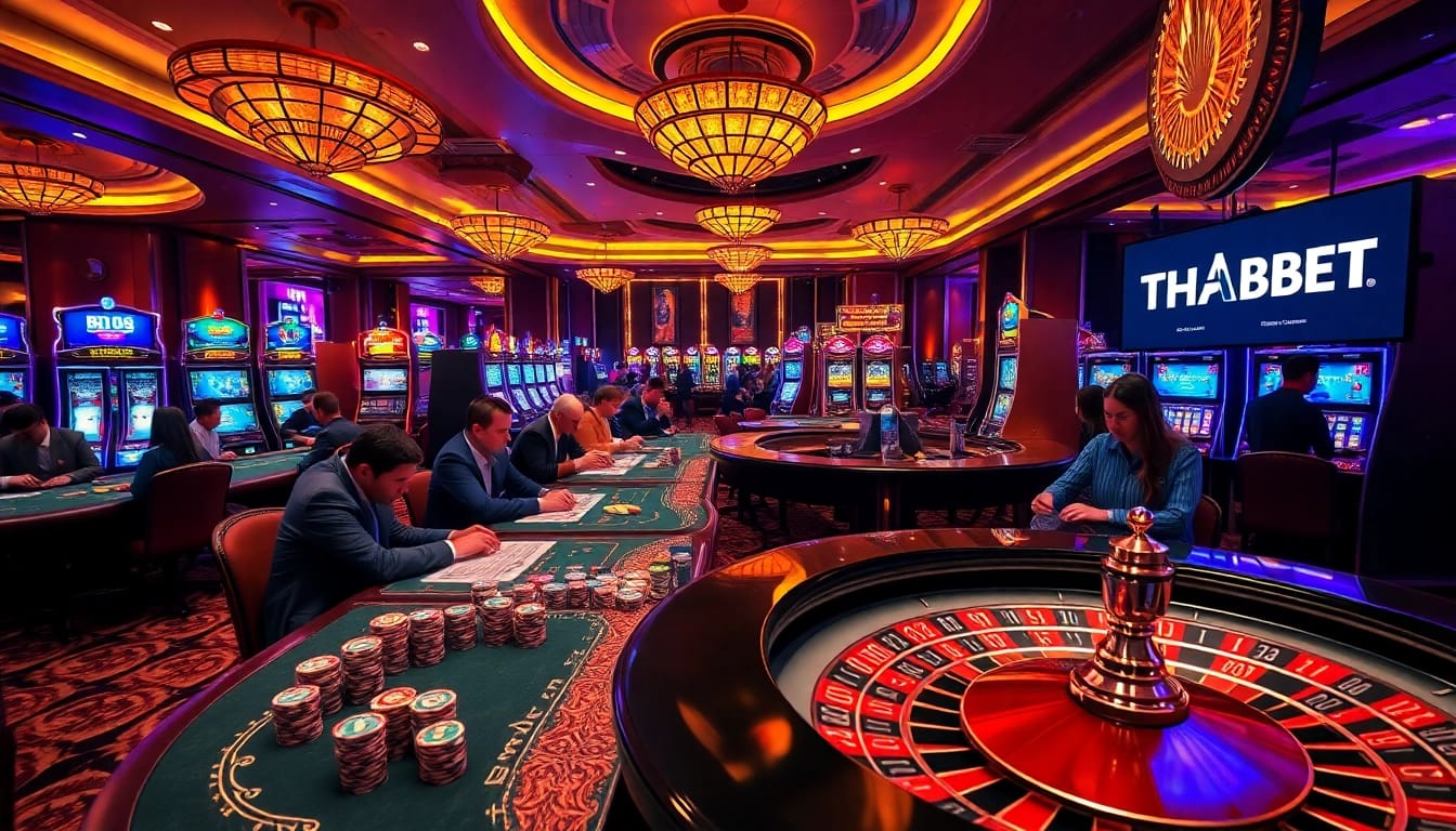 Exciting THABET online casino action with players at poker and roulette tables.