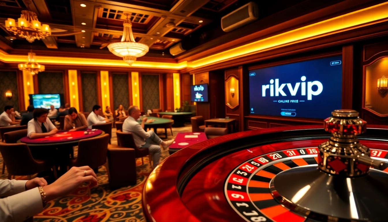 Experience the excitement of rikvip with a captivating casino scene bustling with action.