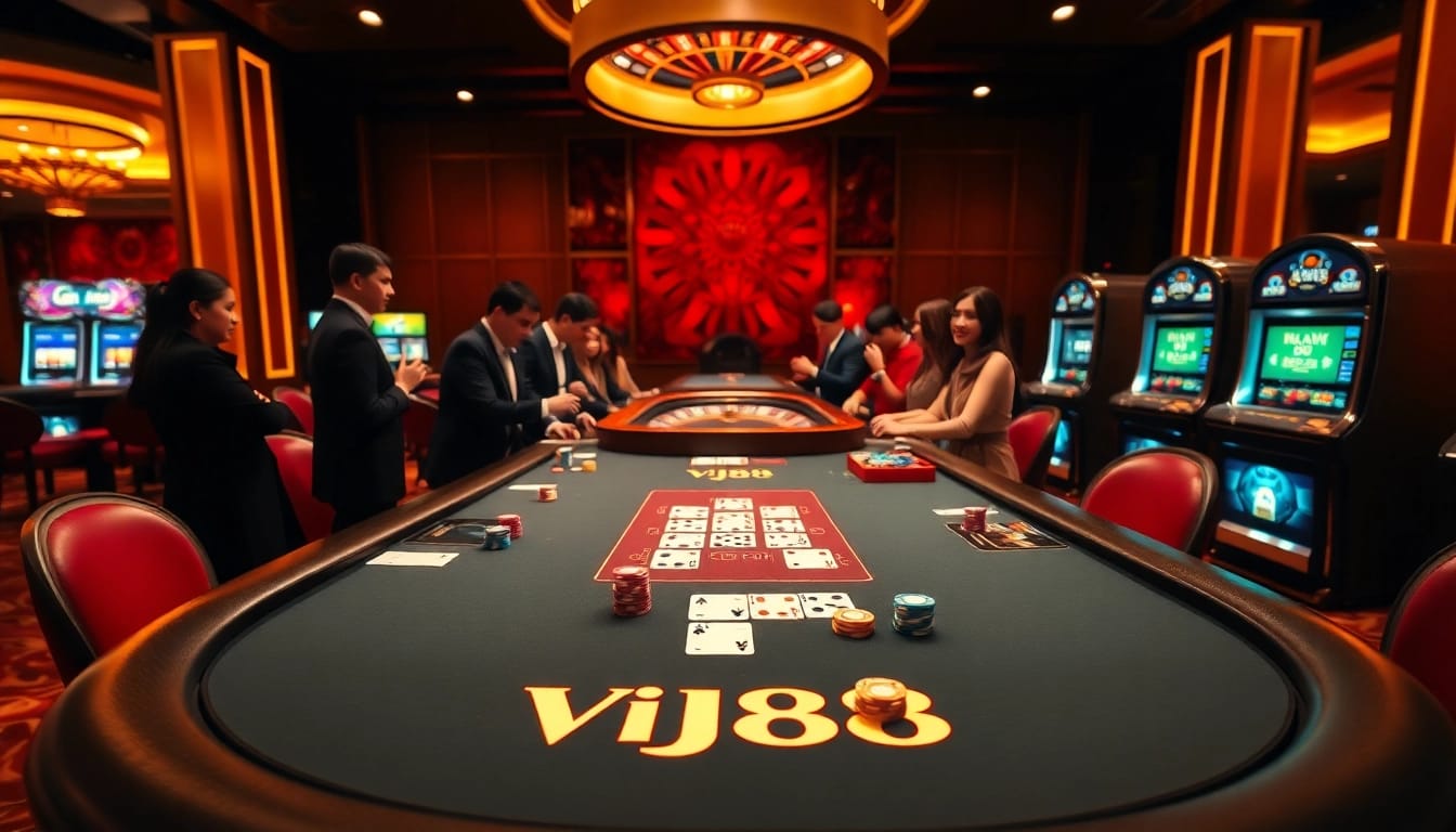 Experience the thrill of gambling at a VJ88 poker table with colorful chips and cards.