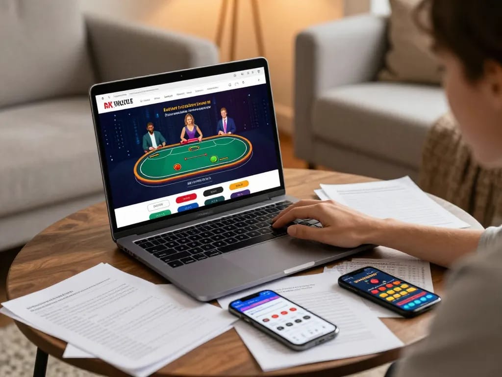 pub88 gaming session on laptop with live dealer interface in cozy home setting