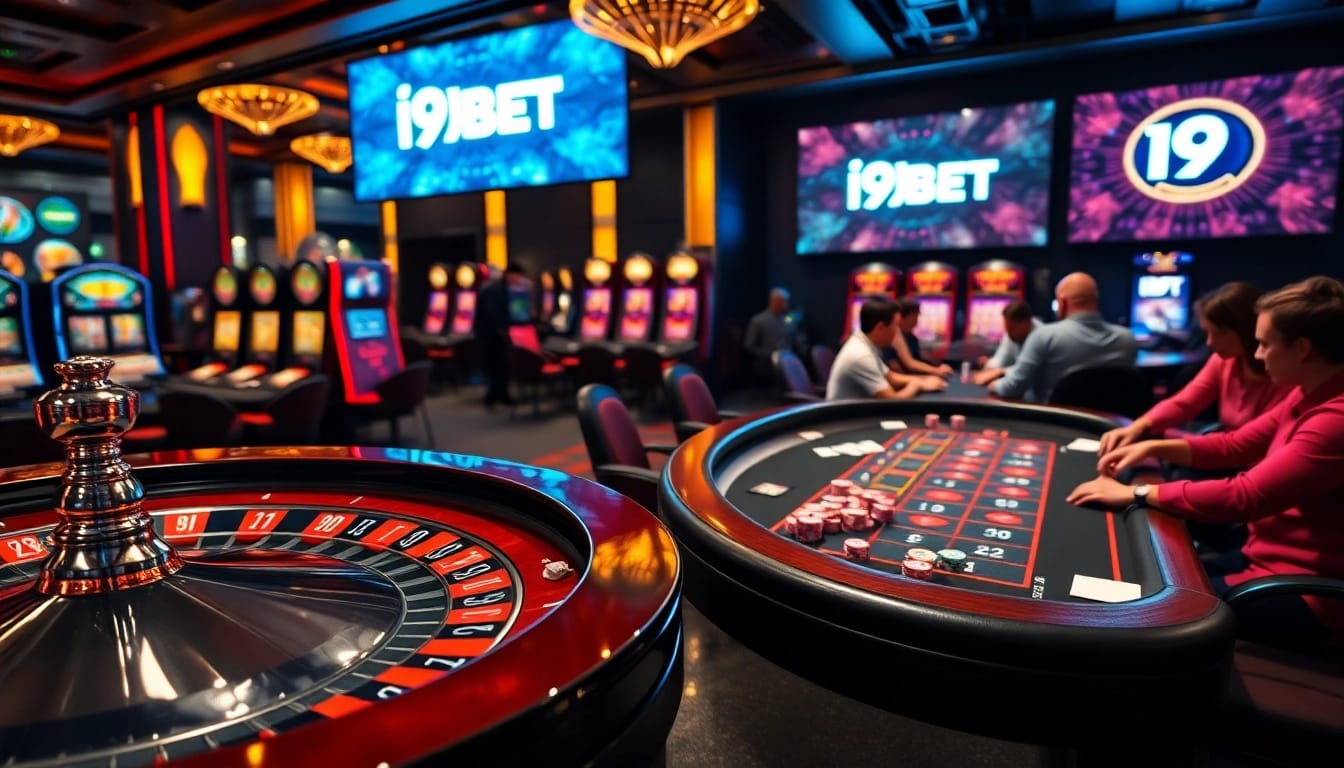 I9BET casino scene showcasing an engaging roulette table and vibrant blackjack gameplay.