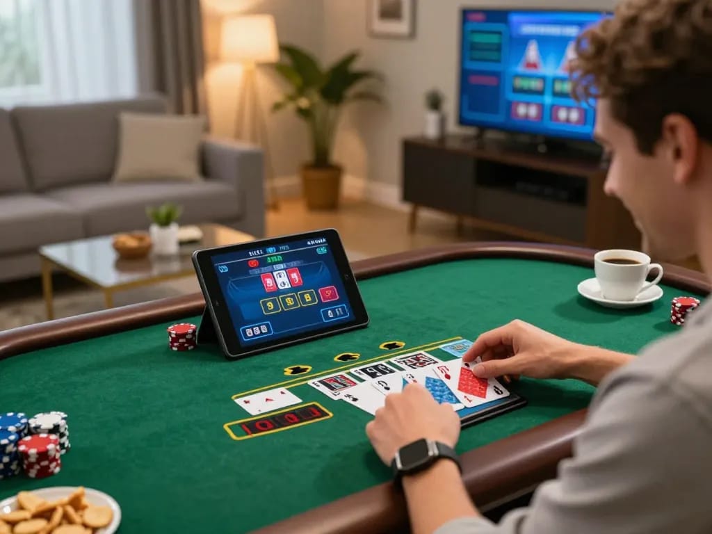 Engaging in online blackjack game while focusing on trang chủ au88 tablet screen in a cozy living space.