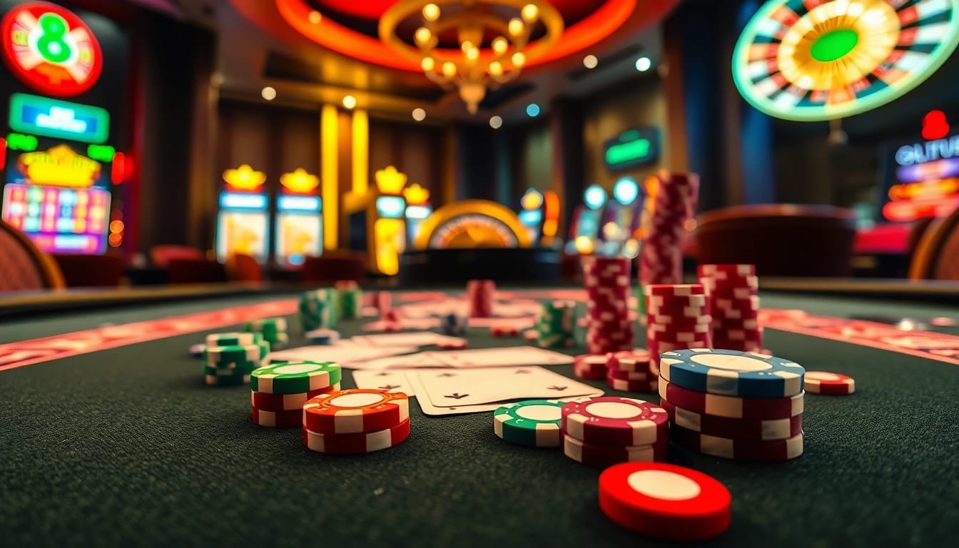 Players engaging with casino games at LC 88, highlighting vibrant poker chips and cards.