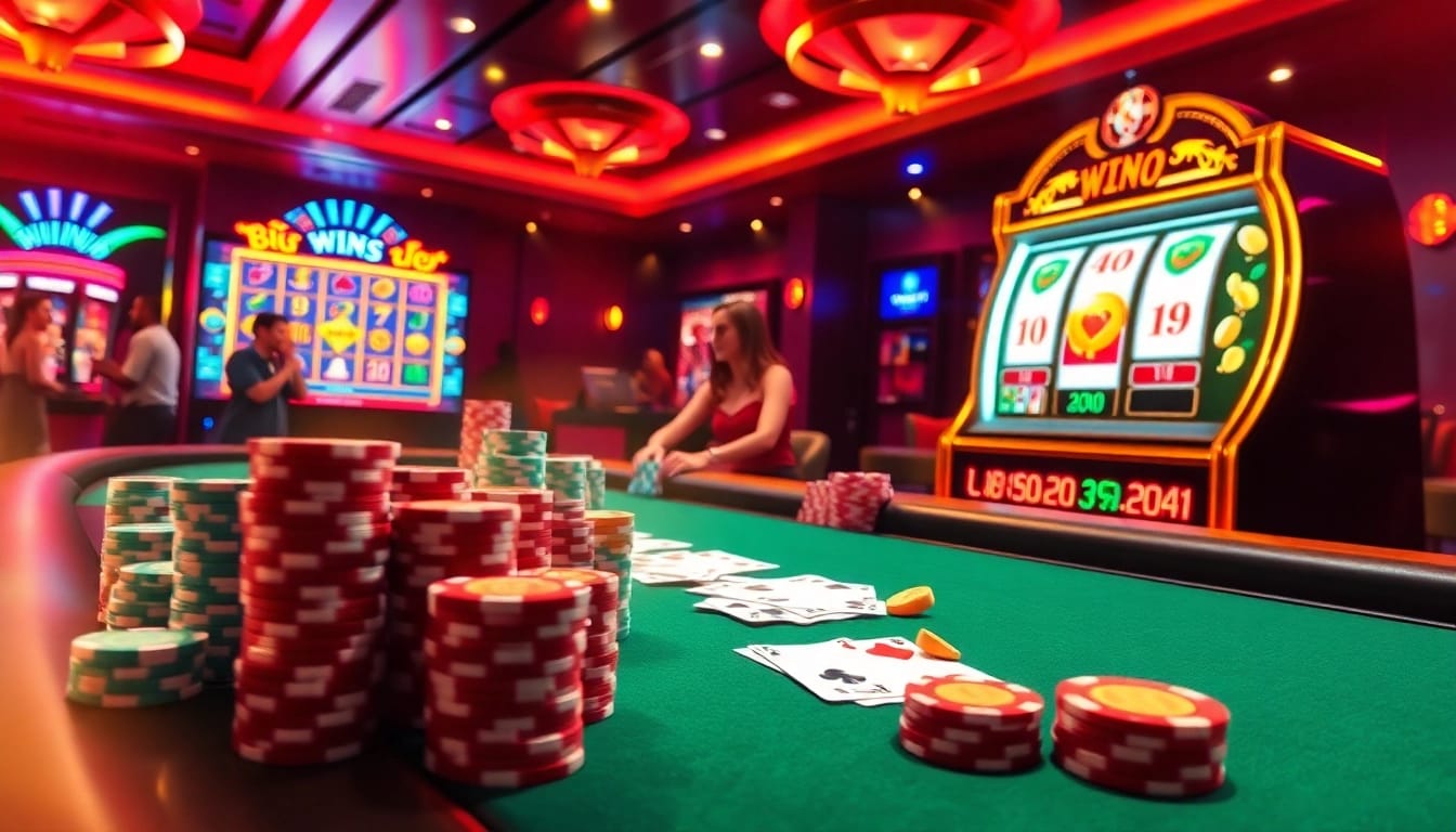 Experience the thrill of winning at https://vua99.lat/ with vibrant gaming visuals, poker chips, and slot machines.