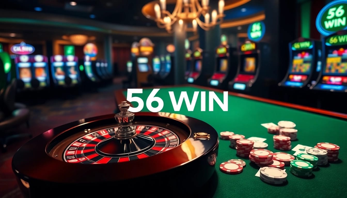 Experience the thrill of 56 WIN at a luxurious casino with roulette, poker chips, and excitement.