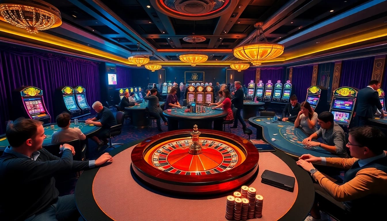 Players enjoying high-stakes games at the Hit Club casino, featuring vibrant poker chips and roulette.