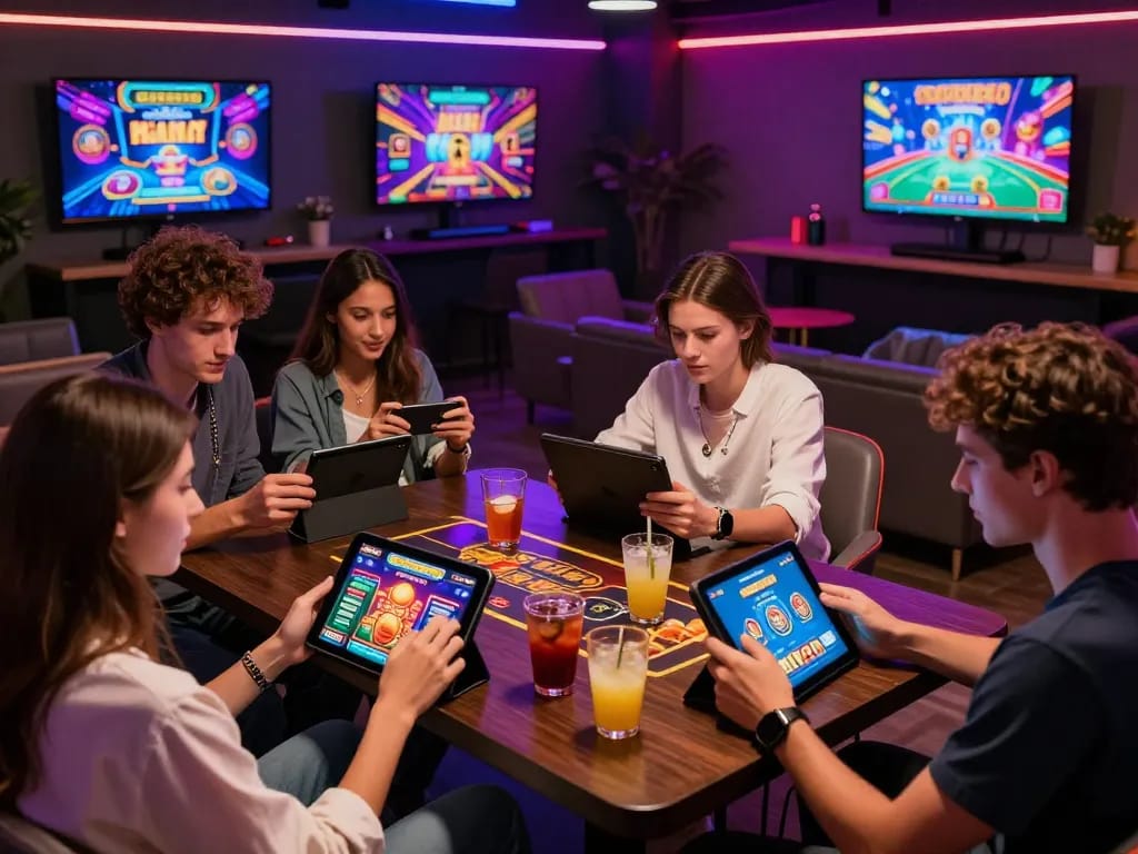 Friends enjoying 娛樂城 games in a vibrant online gaming lounge with colorful screens.
