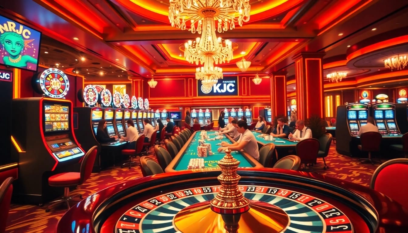 KJC casino scene with players at slot machines and poker tables in a luxurious setting.